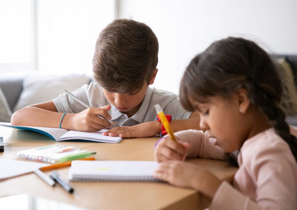 enfants frère et soeur faisant leur travail de maison