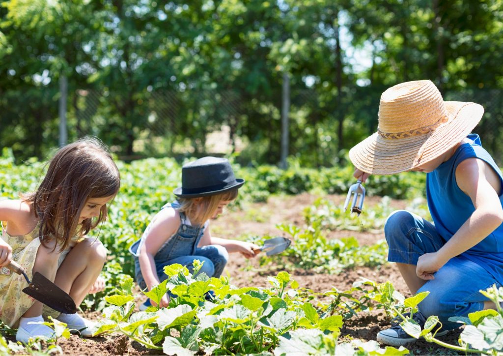 enfants qui jardinent au grand air