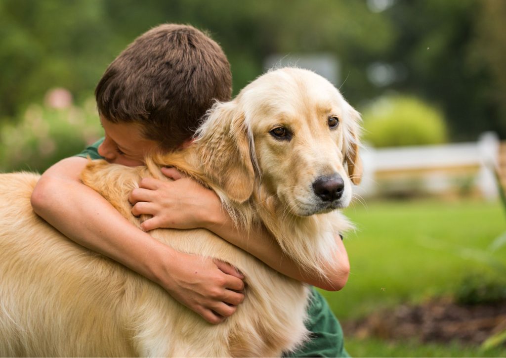 enfant avec un chien comme animal de compagnie